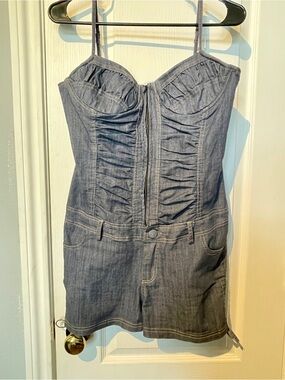Elite jeans dark wash Denim spaghetti strap corset Romper with Front Zip medium
